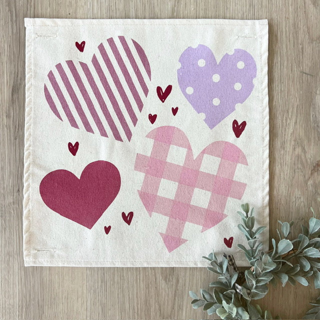 Square Holiday Panel: Pure & Simple Aesthetic Classy Clean Boho Heart Cursive Honest Natural Love Winter, Valentine's, Hearts, Red, Purple, Pink, Polk-a-dot, Stripes, Gingham, Plaid: SQUARE HEARTS;