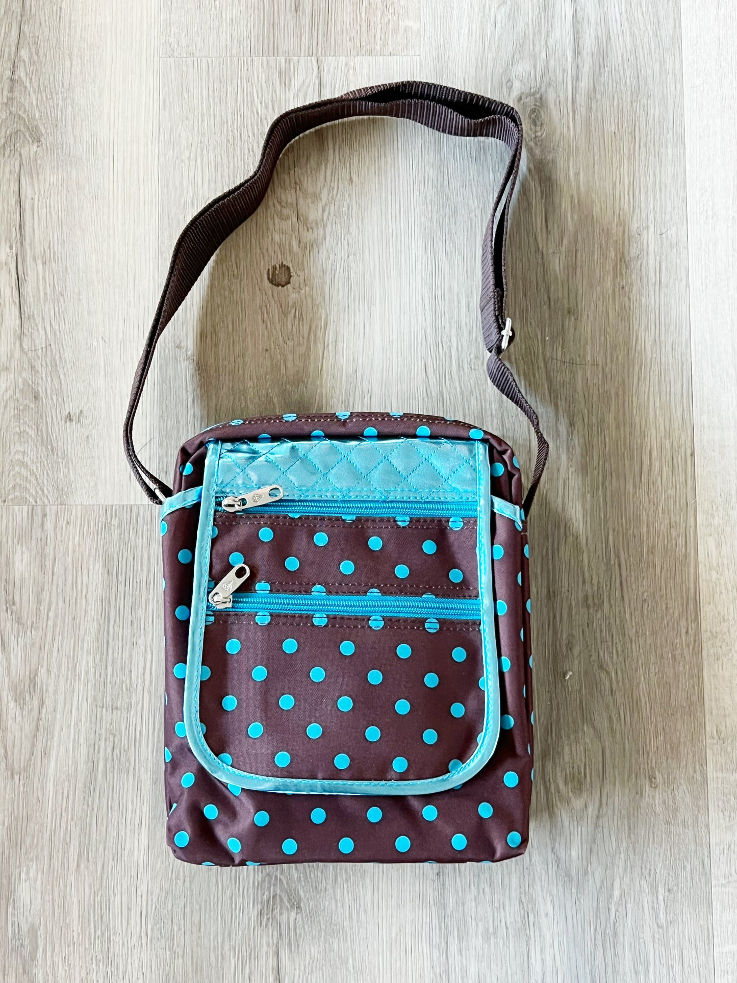 Gift for: Teen/College/Mom /Working Gal: Briwn and Teal Turquoise Polka Dot Messanger bag purse