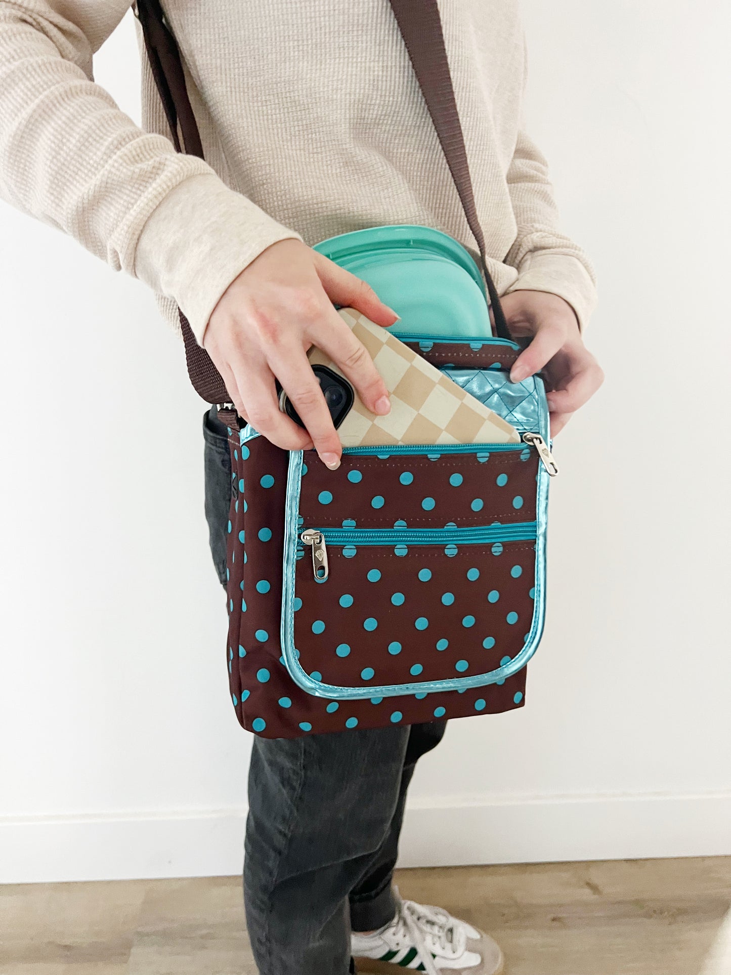 Gift for: Teen/College/Mom /Working Gal: Briwn and Teal Turquoise Polka Dot Messanger bag purse