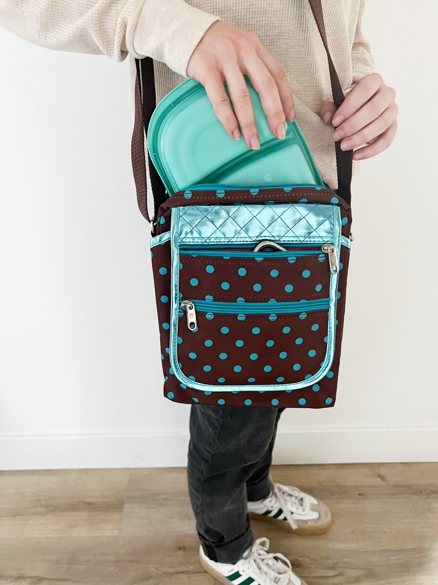 Gift for: Teen/College/Mom /Working Gal: Briwn and Teal Turquoise Polka Dot Messanger bag purse