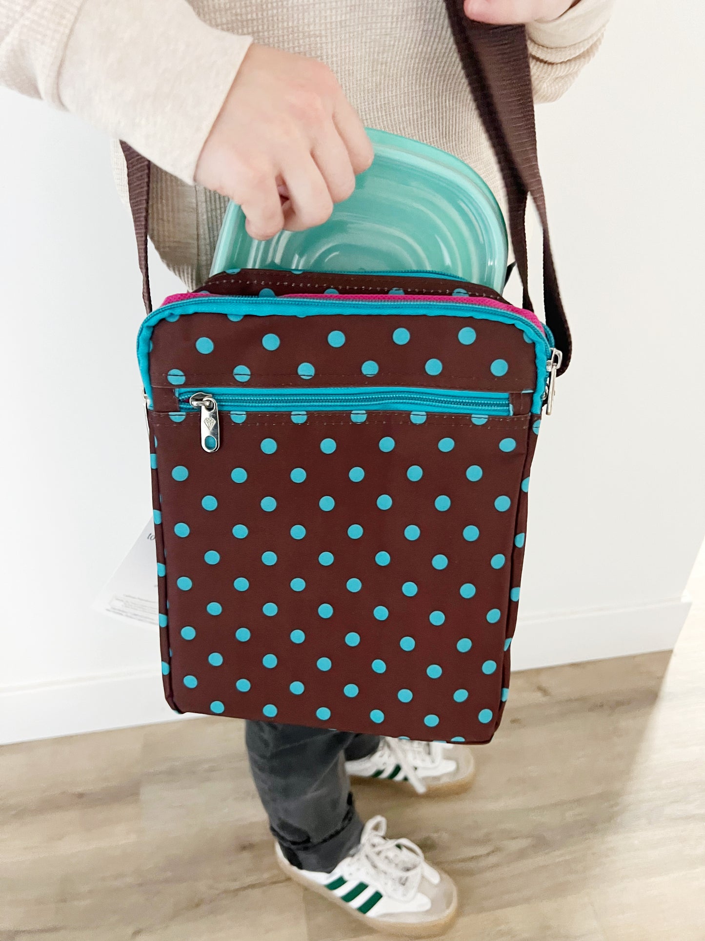 Gift for: Teen/College/Mom /Working Gal: Briwn and Teal Turquoise Polka Dot Messanger bag purse