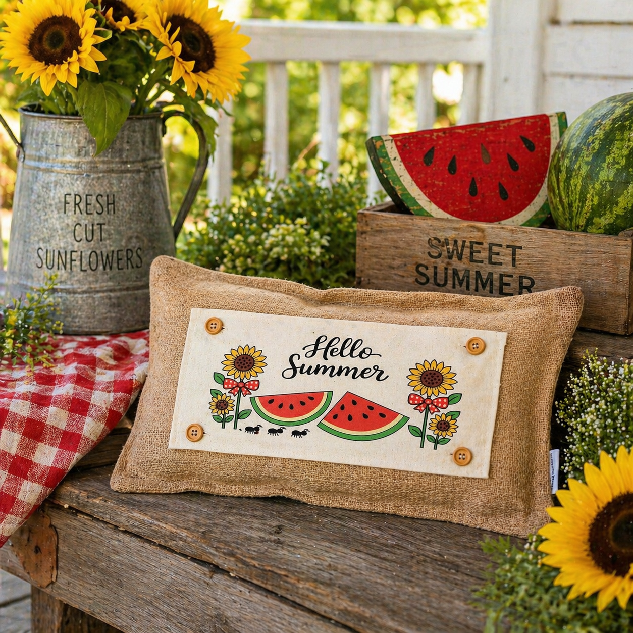 PANEL ONLY with Summer Snack Ideas: RECTANGLE Hello Summer; Red Gingham Picnic Table WATERMELONS AND SUNFLOWERS with BOWS