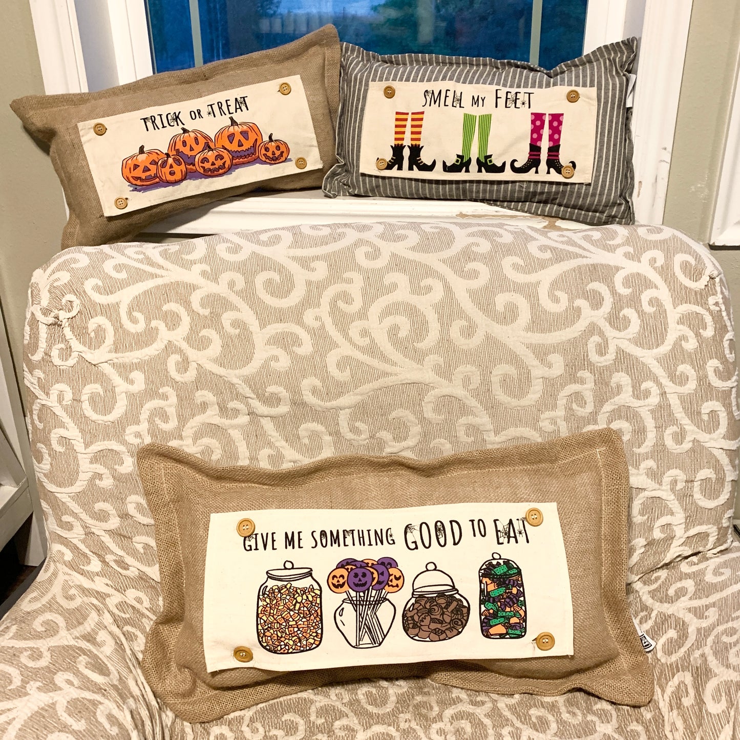 Holiday Panel: Halloween Tick or Treat Candy Jars October Pumpkins Kids Fall Autumn; GIVE ME SOMETHING GOOD TO EAT