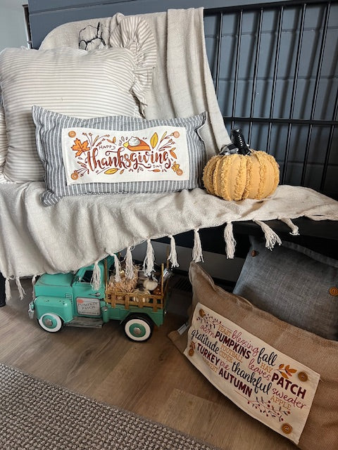 NEW BUNDLE SET: CHARCOAL & CREAM STRIPES Pillow (comes with foam insert and these 3 panels in back pocket); Winter Spring Summer Fall Autumn; TRICK OR TREAT, SUBWAY, MERRY & BRIGHT