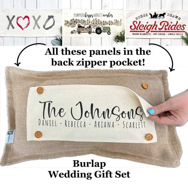 Custom Wedding Gift Bundle: 3 seasons + BURLAP pillow + custom last name panel: XOXO, TRACTOR, SLEIGH RIDE, CUSTOM LAST NAME PANEL
