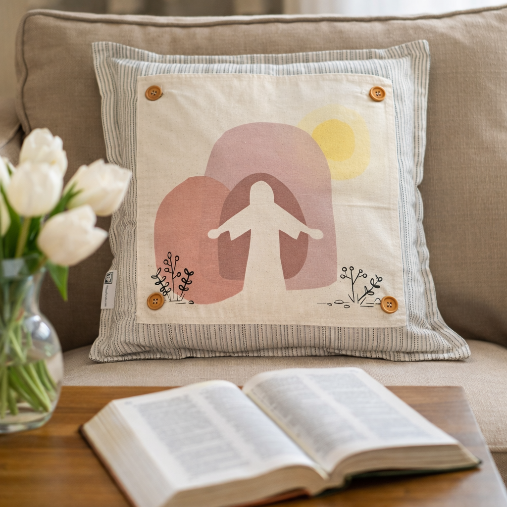 PANEL ONLY: SQUARE Spring, Easter Throw Pillow, Religious, Pastel, Jesus Resurrection CHRIST TOMB