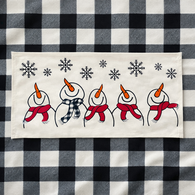 PANEL ONLY:
RECTANGLE Season Panel: Winter January Decor Snow Snowflake Christmas; Singing Chorus Caroling Scarf Dancing Happy SNOWMAN SCARVES