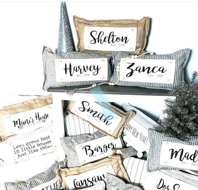NEW! Custom FALL Wedding Gift Bundle: 3 seasons + CHARCOAL/GALVINIZED STRIPES pillow + custom last name panel & TRACTOR / SLEIGH RIDES / CUSTOM LAST NAME PANEL