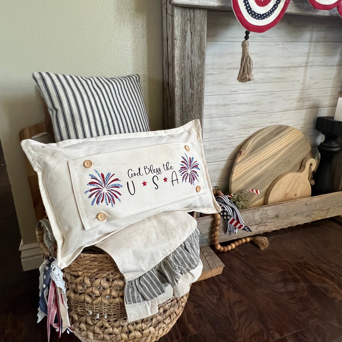 Glitter Holiday Panel: Summer BBQ American America Flag Old Glory Sparkly Fireworks GOD BLESS USA