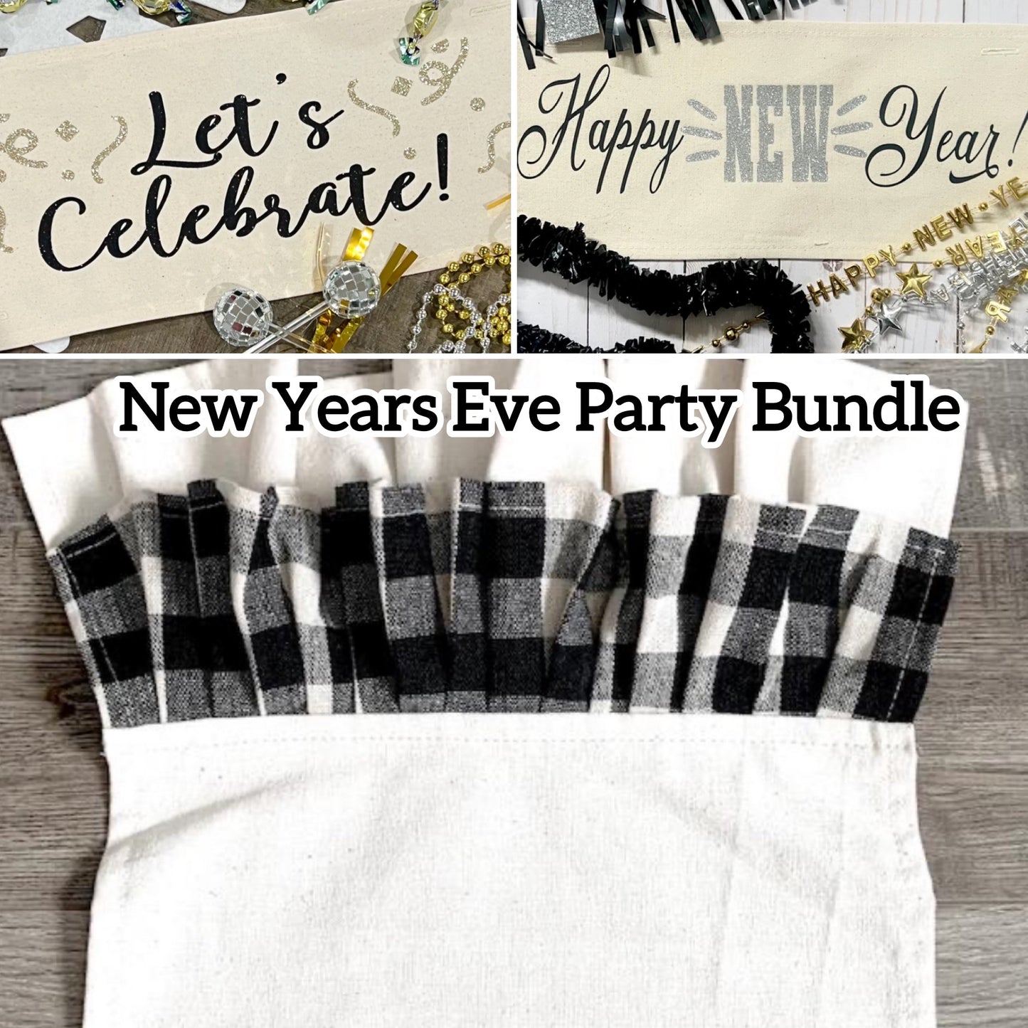 GIFT GUIDE: FOR THOSE THAT COORDINATE THE PARTY! GIFT PARTY PACKAGE BUNDLE: Holiday Pillow Cover Panel Winter: Runner Glitter Panel Combo LET'S CELEBRATE, HAPPY NEW YEAR + BUFFALO CHECK RUNNER