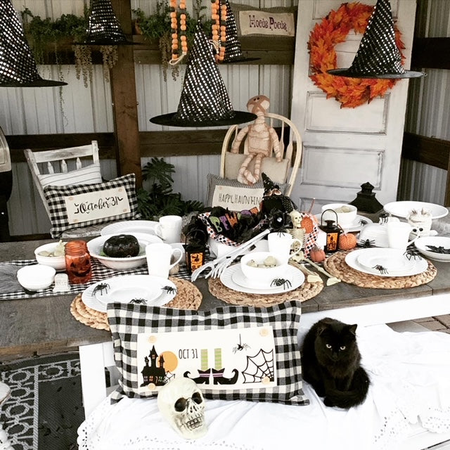 PARTY PACKAGE BUNDLE: Holiday Panel Halloween October Fall Autumn: Hocus Pocus HAPPY HAUNTING / WITCHES BREW + BUFFALO CHECK RUNNER