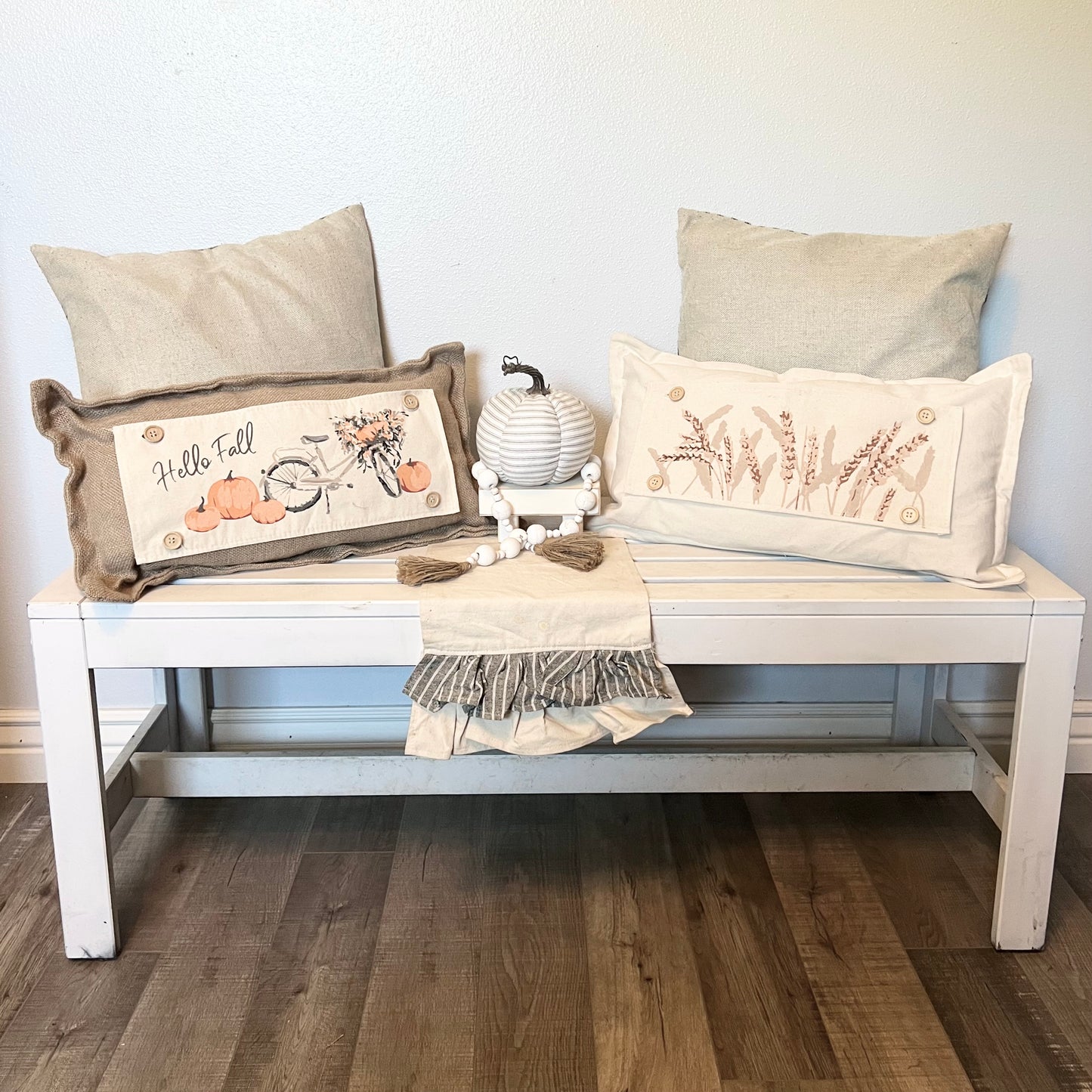 PARTY PACKAGE BUNDLE: Holiday Panel Thanksgiving November Fall Autumn, farmhouse charcoal runner: HARVEST WHEAT / VINTAGE FALL PUMPKIN BIKE + CHARCOAL/CREAM TABLE RUNNER