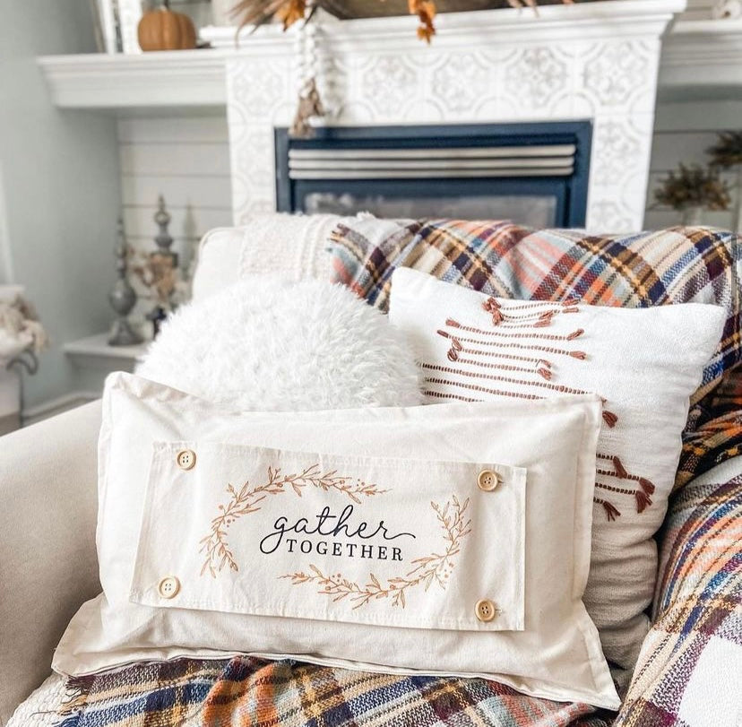 SEASONAL BUNDLE SET: Natural Cream Boho Pillow (comes with foam insert and these 4 panels in back pocket); Winter Spring Summer Fall Autumn: GATHER TOGETHER, EASTER TRUCK, SUMMER FLIP FLOPS, FARM FRESH CHRISTMAS TREES