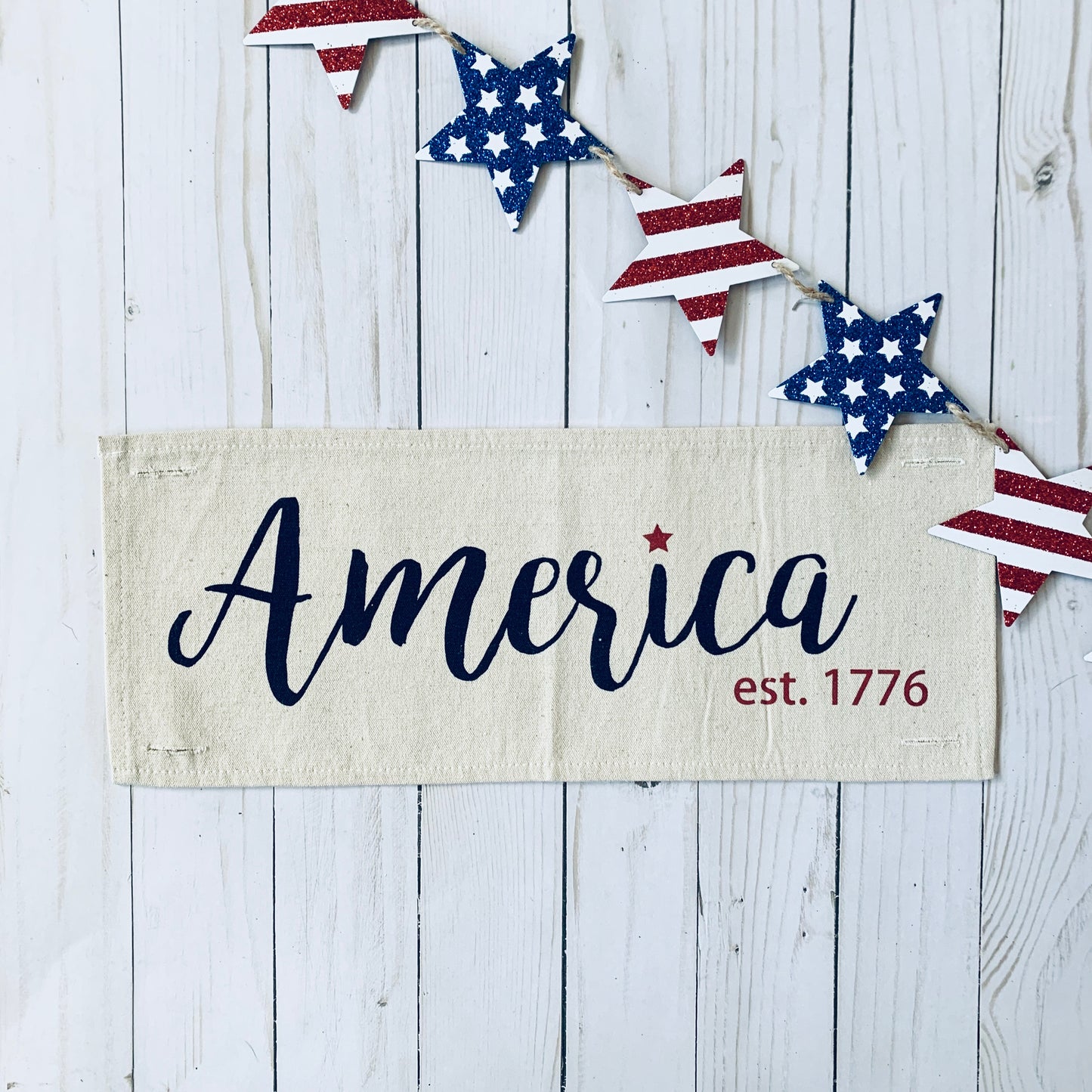 Holiday Panel: Summer, Star, Red, White and Blue, Cursive, Est. Vintage, Farmhouse; AMERICA 1776