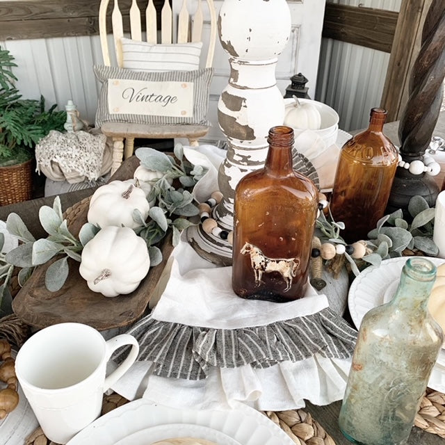 PARTY PACKAGE BUNDLE: Holiday Panel Thanksgiving November Fall Autumn, farmhouse charcoal runner: VINTAGE SUNFLOWER PUMPKIN TRUCK / FALL BIKE + CHARCOAL/CREAM TABLE RUNNER