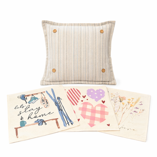 NEW! SQUARE BUNDLE SET: TICKING STRIPES PILLOW (comes with foam insert and these 3 panels in back pocket); Winter : SKI BENCH, HEARTS, PRESSED FLOWERS