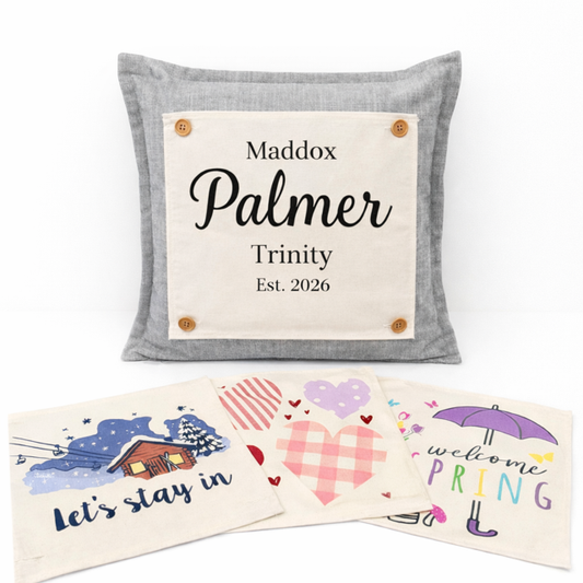 NEW! CUSTOM WINTER WEDDING BUNDLE:  3 seasons + SQUARE CHARCOAL pillow + custom last name panel LODGE, HEARTS, SPRING BOOT, CUSTOM LAST NAME PANEL