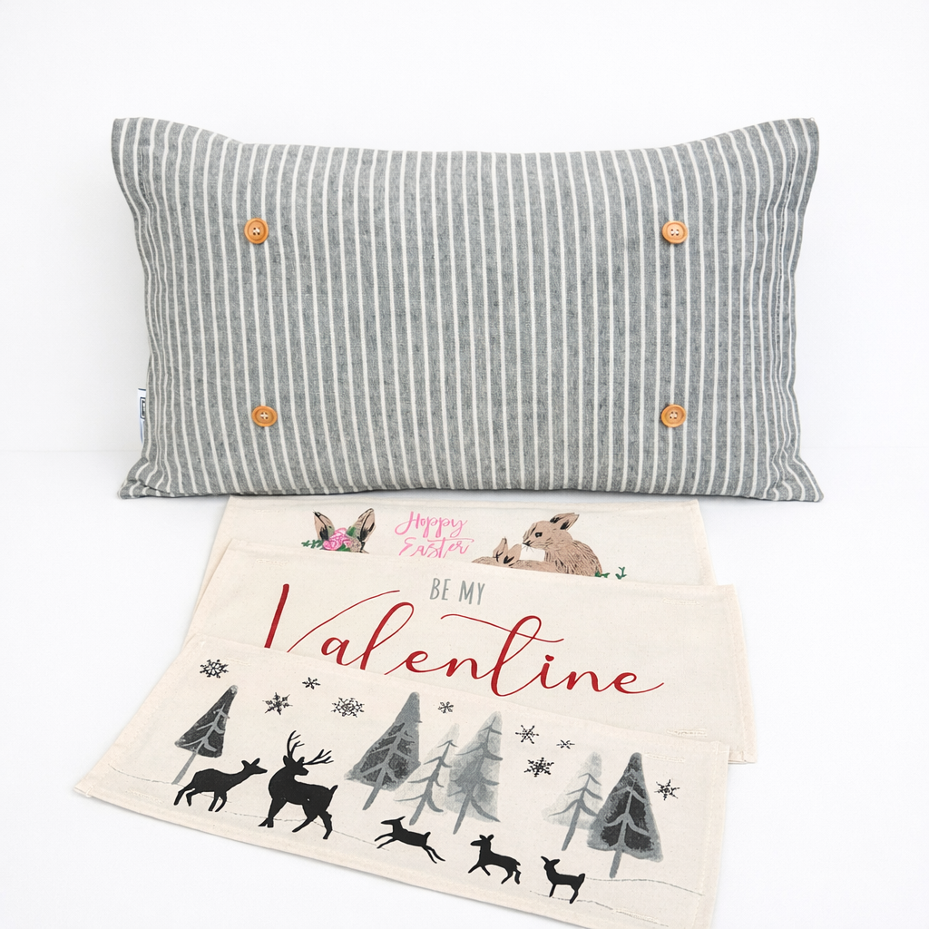 NEW! WINTER BUNDLE 26:  3 seasons + CHARCOAL/GALVINIZED STRIPES pillow, FLORAL BUNNIES / BE MY VALENTINE / DEER
