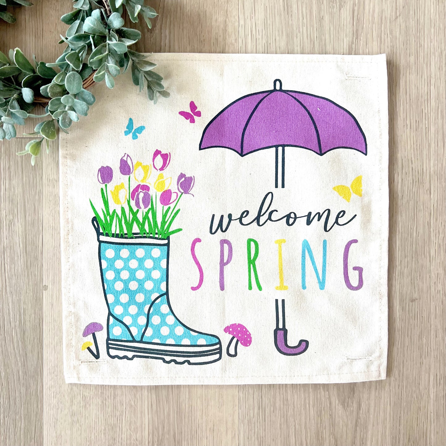 **SPECIAL COMBO OF THE WEEK:  SQUARE SPRING PANEL AND GRAY PILLOW: Flowers Tulip Vintage Floral RAINBOOTS UMBRELLA AND GRAY SQUARE PILLOW