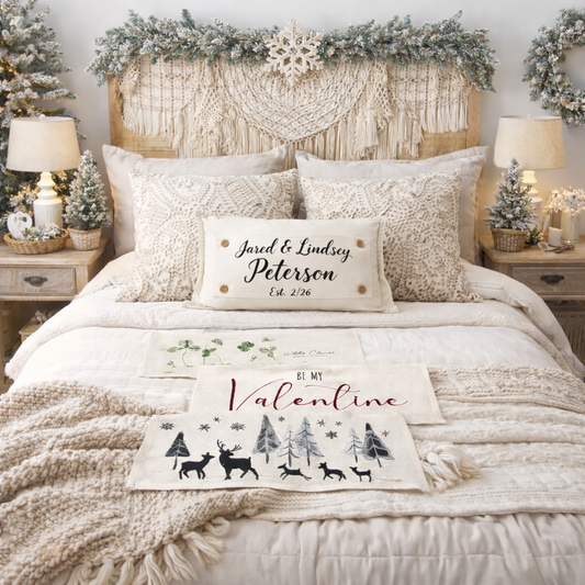 NEW! CUSTOM WINTER WEDDING BUNDLE 26:  3 seasons +BOHO pillow + custom last name panel: WHITE CLOVER, BE MY VALENTINE, DEER, CUSTOM LAST NAME PANEL