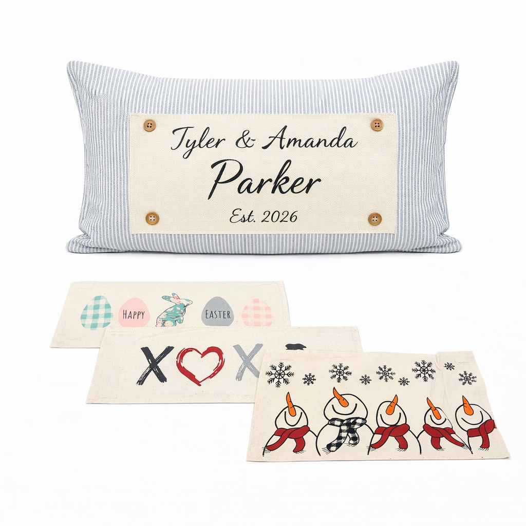 NEW! CUSTOM WINTER WEDDING BUNDLE 26:  GRAY TICKING STRIPE pillow + custom last name, SNOWMAN SCARVES, XOXO, PASTEL EGGS, CUSTOM PANEL
