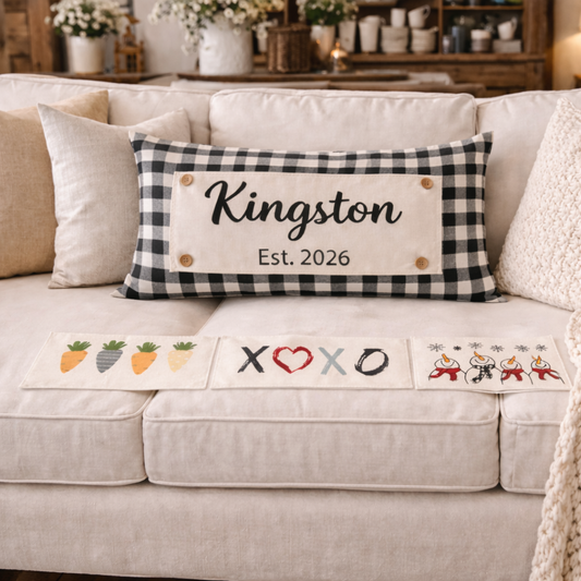 NEW! CUSTOM WINTER WEDDING BUNDLE 26:  3 seasons + GINGHAM/BUFFALO CHECK throw pillow: SNOWMAN SCARVES / XOXO / CARROT PATCH / CUSTOM PANEL