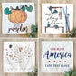 GIFT GUIDE:  PERFECT FOR THE ONE WHO HAS EVERYTHING!   SQUARE  SET: TICKING STRIPES PILLOW (comes with foam insert and these 4 panels in back pocket); Winter Spring Summer Fall Autumn: SKI BENCH, HELLO PUMPKIN, LAND THAT I LOVE, SPRING DRIED FLOWERS