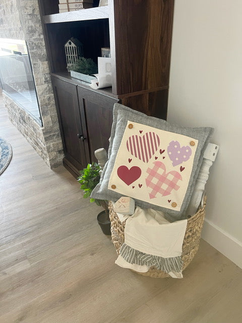 NEW! Custom Winter Wedding Gift Bundle:  2 seasons + SQUARE GRAY pillow + custom last name panel:  SKI BENCH, HEARTS, CUSTOM LAST NAME PANEL