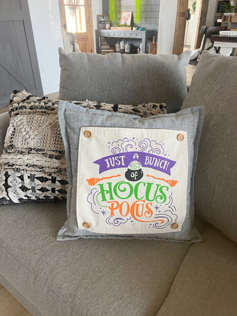 NEW! SQUARE BUNDLE SET: Charcoal Gray Solid Pillow (comes with foam insert and these 3 panels in back pocket); Winter Spring Summer Fall Autumn:  HOCUS POCUS, PUMPKIN PATCH, STATIONWAGON