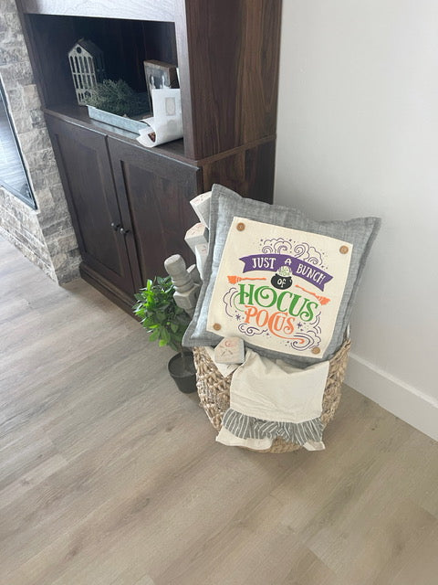 NEW! SQUARE BUNDLE SET: Charcoal Gray Solid Pillow (comes with foam insert and these 3 panels in back pocket); Winter Spring Summer Fall Autumn:  HOCUS POCUS, PUMPKIN PATCH, STATIONWAGON