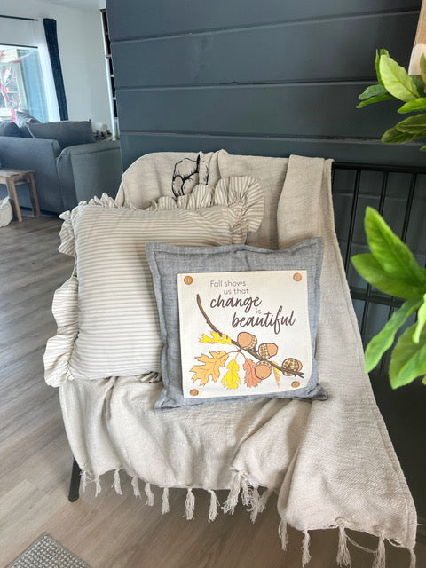 NEW! Custom Fall Wedding Gift Bundle:  2 seasons + SQUARE GRAY pillow + custom last name panel:  ACORN BRANCH, CANDY CANES, CUSTOM LAST NAME PANEL