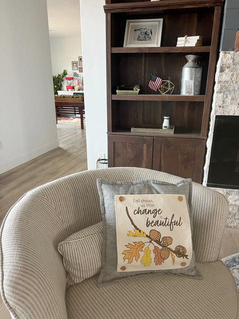 NEW! Custom Fall Wedding Gift Bundle:  2 seasons + SQUARE GRAY pillow + custom last name panel:  ACORN BRANCH, CANDY CANES, CUSTOM LAST NAME PANEL