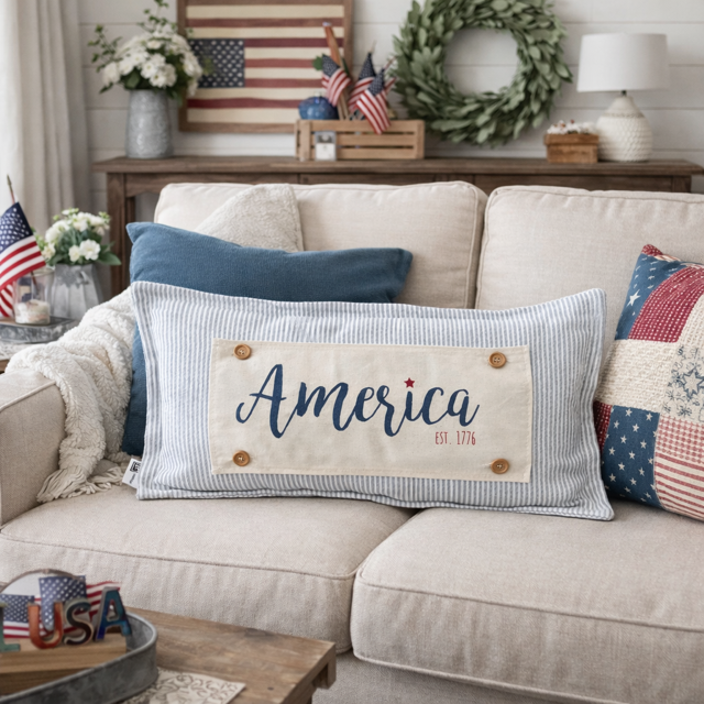 PANEL ONLY: RECTANGLE Summer, Star, Red, White and Blue, Cursive, Est. Vintage, Farmhouse; AMERICA 1776