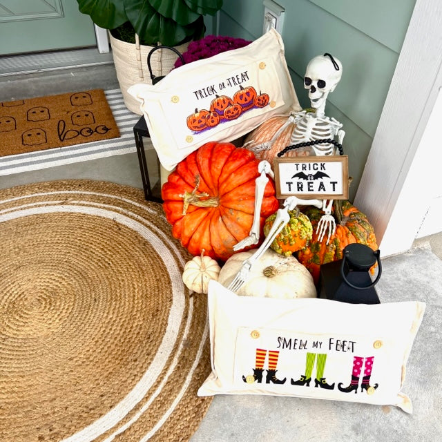 NEW BUNDLE SET: CHARCOAL & CREAM STRIPES Pillow (comes with foam insert and these 3 panels in back pocket); Winter Spring Summer Fall Autumn; TRICK OR TREAT, SUBWAY, MERRY & BRIGHT