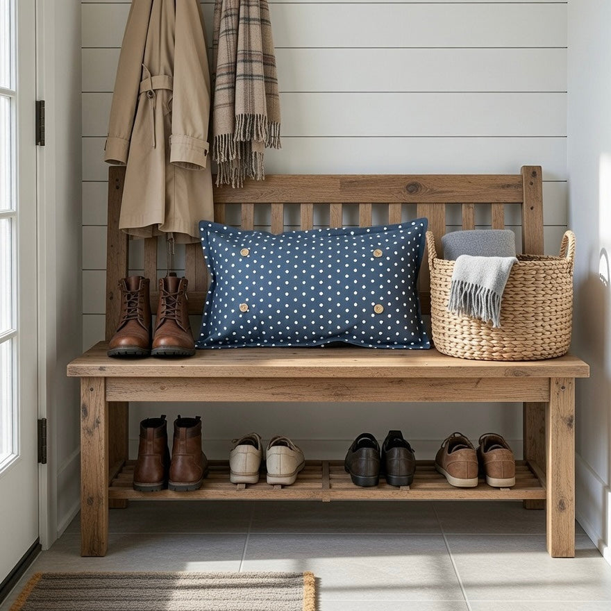 PILLOW ONLY RECTANGLE denim country blue with white polka dots: BLUE POLKA-DOT PILLOW (with fluffy insert)