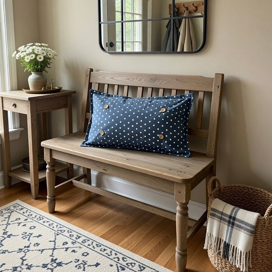 PILLOW ONLY RECTANGLE denim country blue with white polka dots: BLUE POLKA-DOT PILLOW (with fluffy insert)