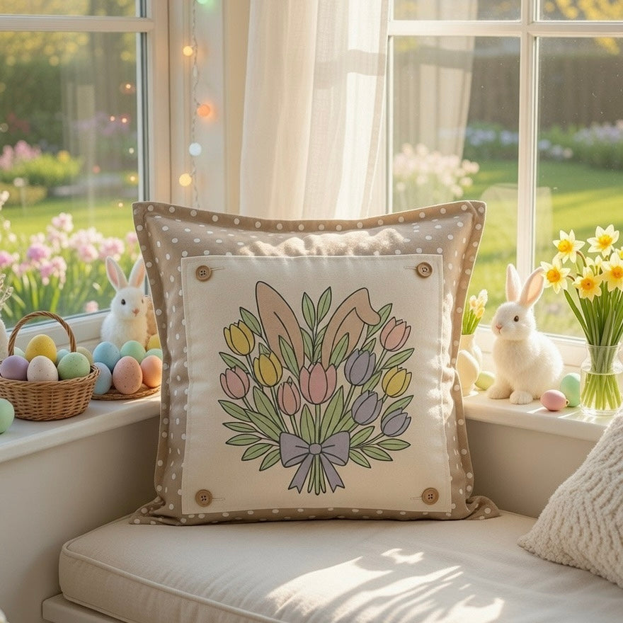 MISFIT PANEL ONLY: SQUARE Spring Happy Easter Bunny, pastels, flowers, tulips, BUNNY EARS