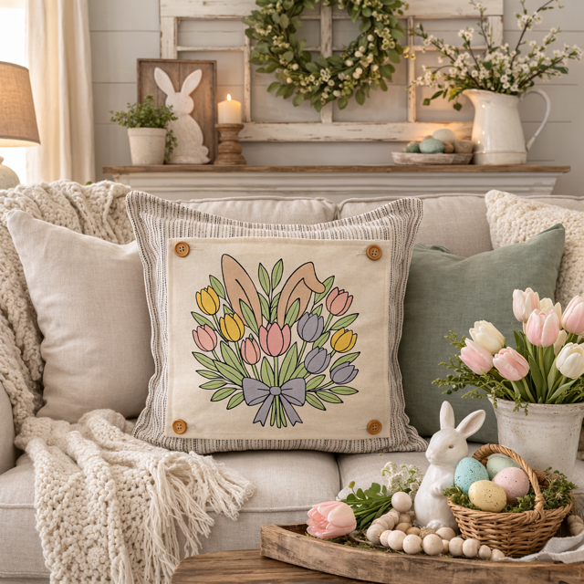 MISFIT PANEL ONLY: SQUARE Spring Happy Easter Bunny, pastels, flowers, tulips, BUNNY EARS