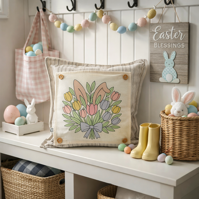 MISFIT PANEL ONLY: SQUARE Spring Happy Easter Bunny, pastels, flowers, tulips, BUNNY EARS