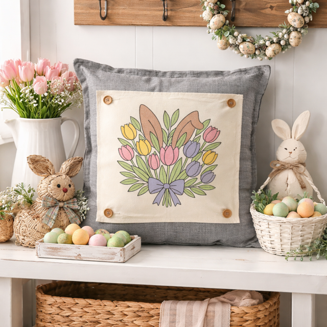 MISFIT PANEL ONLY: SQUARE Spring Happy Easter Bunny, pastels, flowers, tulips, BUNNY EARS