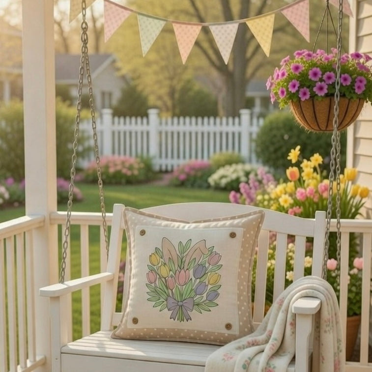MISFIT PANEL ONLY: SQUARE Spring Happy Easter Bunny, pastels, flowers, tulips, BUNNY EARS