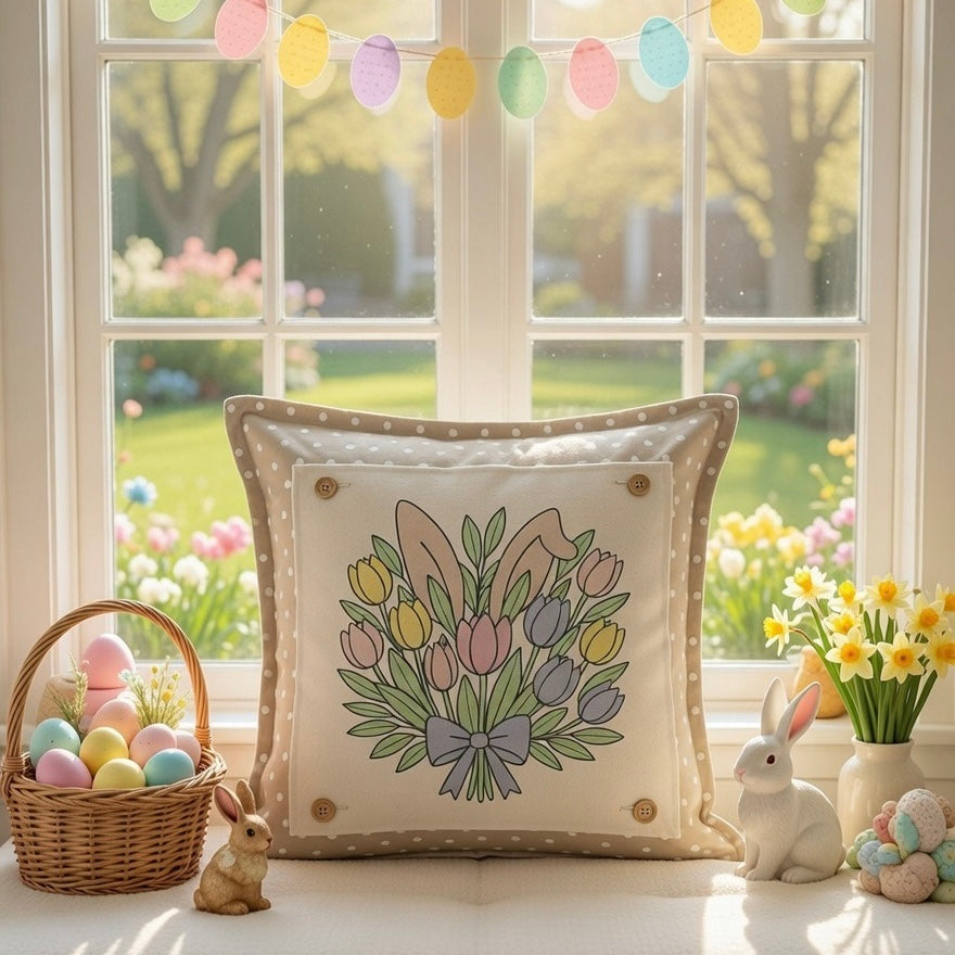 MISFIT PANEL ONLY: SQUARE Spring Happy Easter Bunny, pastels, flowers, tulips, BUNNY EARS