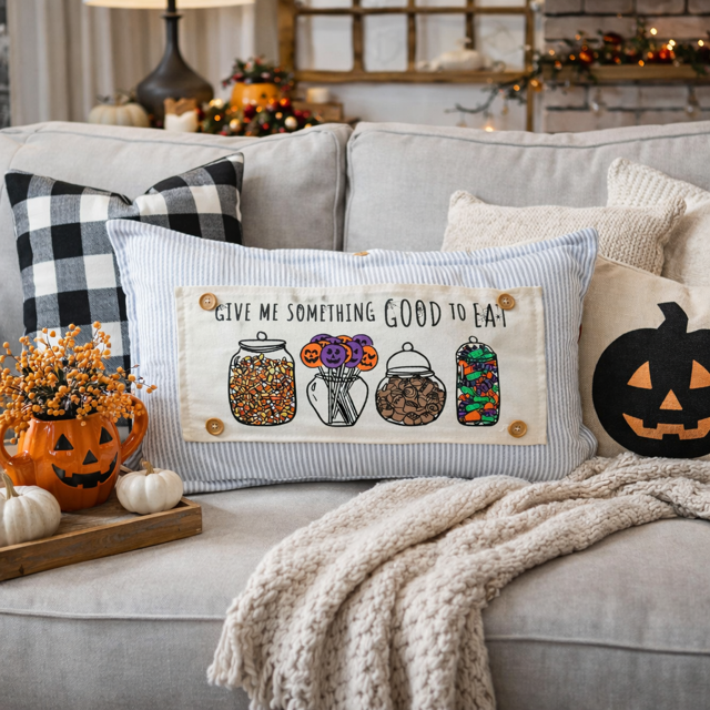 PANEL ONLY: RECTANGLE Halloween Tick or Treat Candy Jars October Pumpkins Kids Fall Autumn; GIVE ME SOMETHING GOOD TO EAT