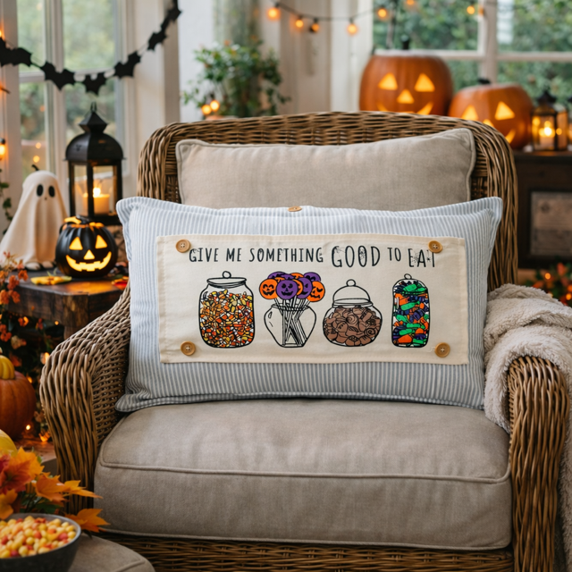 PANEL ONLY: RECTANGLE Halloween Tick or Treat Candy Jars October Pumpkins Kids Fall Autumn; GIVE ME SOMETHING GOOD TO EAT