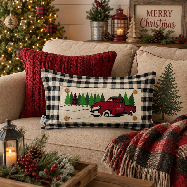 PANEL ONLY:  RECTANGLE Holiday Panel: Winter, Trees,  Father's Day Dad  Vintage; Christmas Red Buffalo PLAID TREE TRUCK