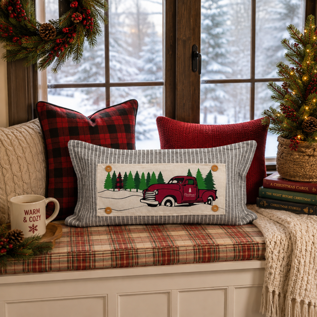 PANEL ONLY:  RECTANGLE Holiday Panel: Winter, Trees,  Father's Day Dad  Vintage; Christmas Red Buffalo PLAID TREE TRUCK