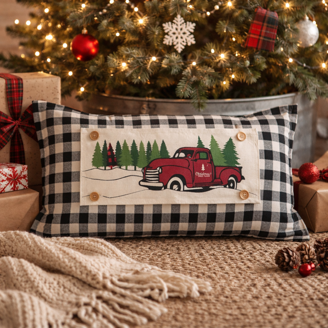 PANEL ONLY:  RECTANGLE Holiday Panel: Winter, Trees,  Father's Day Dad  Vintage; Christmas Red Buffalo PLAID TREE TRUCK