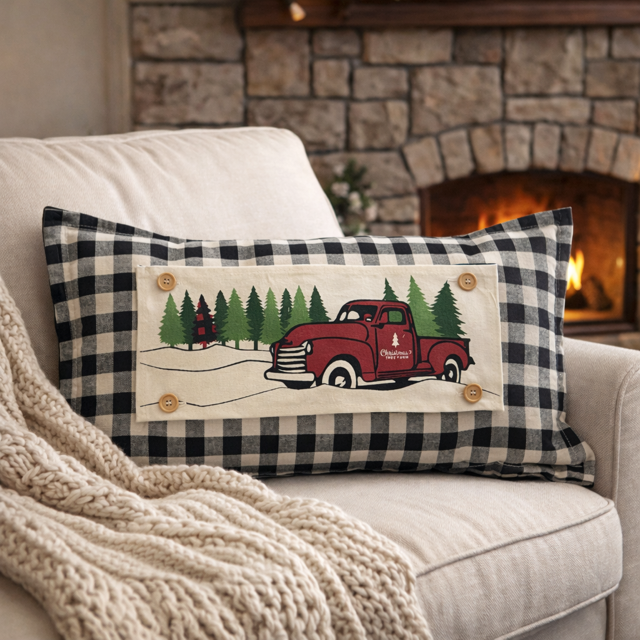 PANEL ONLY:  RECTANGLE Holiday Panel: Winter, Trees,  Father's Day Dad  Vintage; Christmas Red Buffalo PLAID TREE TRUCK