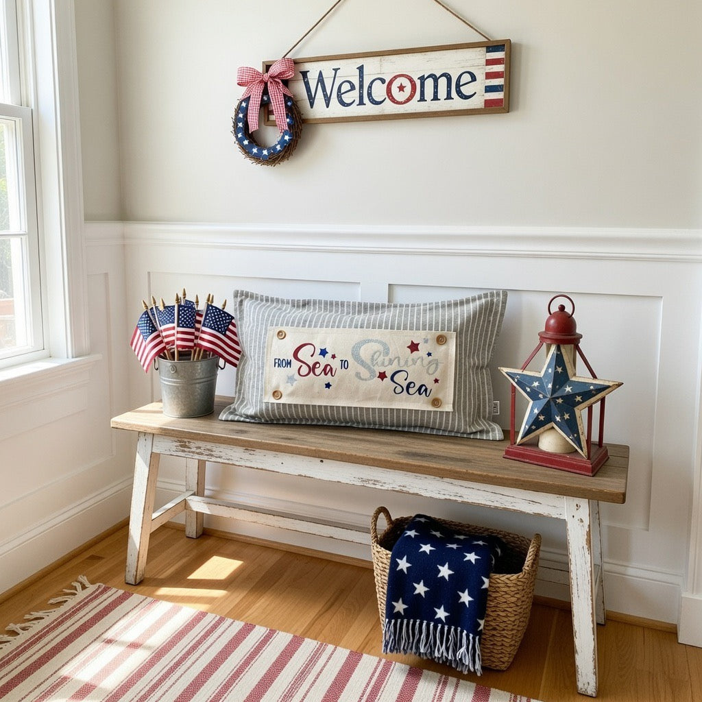 NEW! GLITTER PANEL ONLY: RECTANGLE throw pillow Summer BBQ American America red white blue Old Glory Sparkly SEA TO SHINING SEA