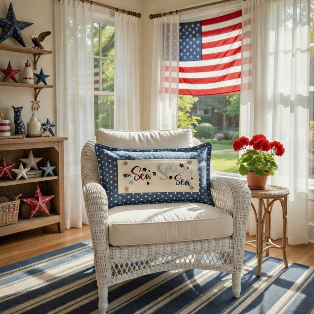 NEW! GLITTER PANEL ONLY: RECTANGLE throw pillow Summer BBQ American America red white blue Old Glory Sparkly SEA TO SHINING SEA